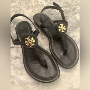 Tory Burch black, leather, flat sandals, with gold logo detail